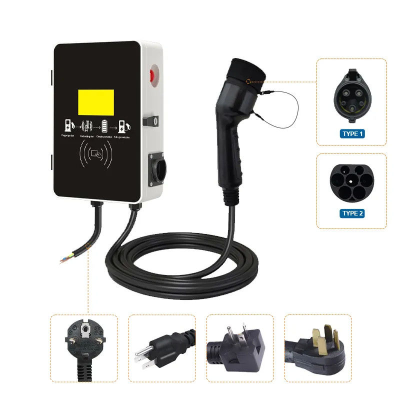 Estação de carregamento de veículos elétricos de 7 kW 3 fases de caixa elétrica rápida montada na parede Tipo 1 e Tipo 2
